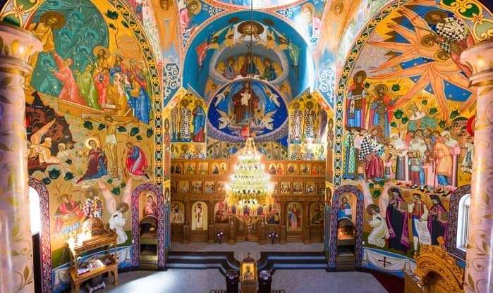 Interior of St Sava Church, iconostasis and frescoes